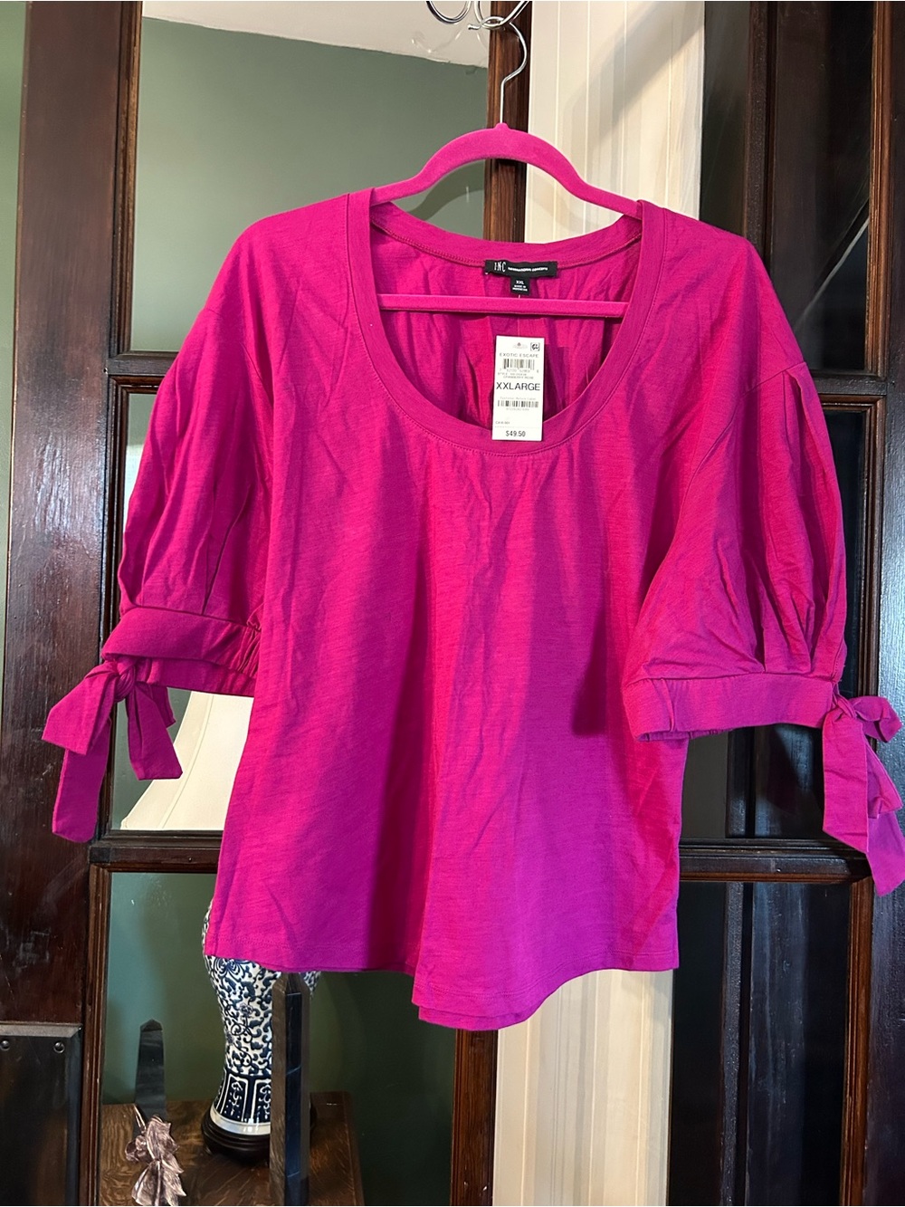INC International Concepts Hot Pink Scoop Neck Tie-Sleeve Top